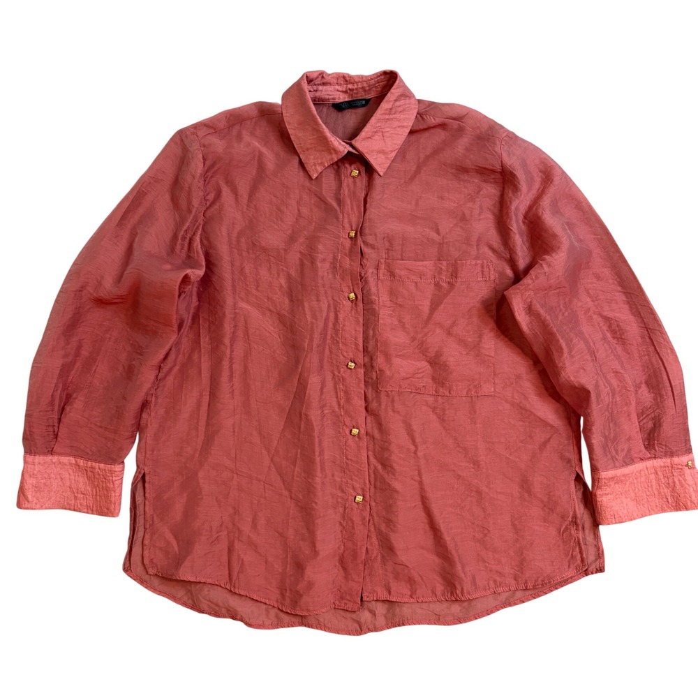 Zara Coral Pink Shimmer Crinkle Button Down Shirt Gold Buttons Small Semi Sheer